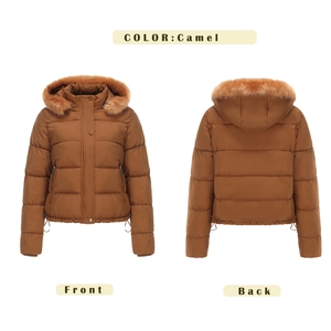 Women's camel padded jacket with faux fur hood, front and back views on white background
