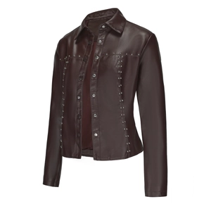 Detail of silver rivets and snap buttons on dark brown faux leather jacket for women