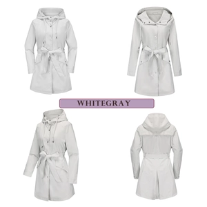 Detail view of white-gray hooded raincoat with adjustable waist belt and side flap pockets