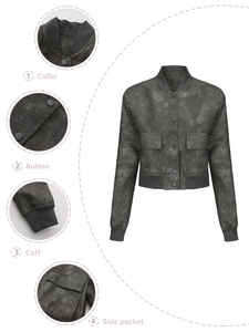Detail view of oversized vintage jacket showing collar, buttons, cuffs, and side pockets