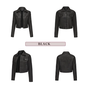 Detailed views of women's black PU leather jacket with multiple pockets and metal buttons