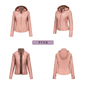 Detail view of pink hooded leather jacket with quilted sleeve design and metal zippers