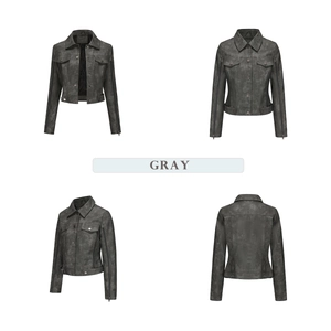 Detail view of gray biker jacket with multi-zipper decor and slim fit cropped design