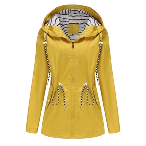 Detail of yellow hooded raincoat with striped lining and adjustable waist drawstring