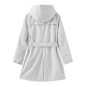 Back view of a light gray hooded windbreaker with waist belt and wind flap detail
