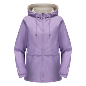 Detailed view of light purple hooded windbreaker with drawstring and flap pockets