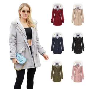 Women's winter hooded parka with faux fur collar and fleece lining in multiple colors
