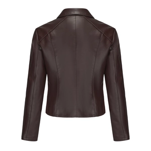 Detail view of the back of a slim fit dark brown leather jacket with structural stitching