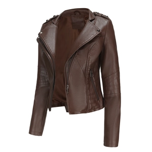 Detail of dark brown leather motorcycle jacket showing diagonal zipper and quilted sleeves