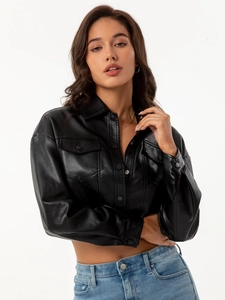 Women's black faux leather short jacket with single-breasted buttons and classic collar
