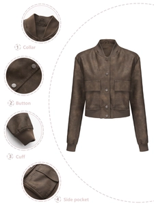 Detail view of oversized vintage brown jacket collar, buttons, cuffs and side pockets