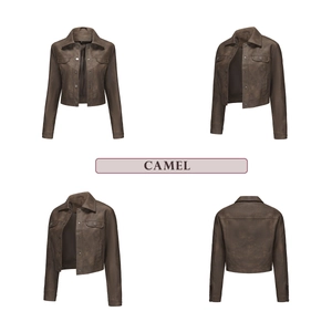 Detailed views of women's short faux leather jacket in camel with pockets and metal buttons