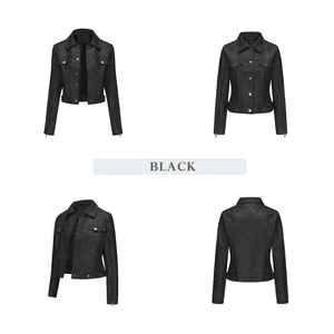 Detail view of women's black leather biker jacket with multiple zippers and lapel collar