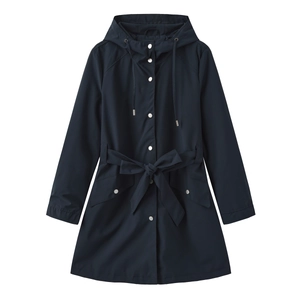 Flat lay of a navy blue hooded water-resistant windbreaker with adjustable waist belt