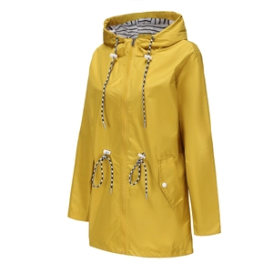 Detail of yellow waterproof raincoat with striped lining and adjustable drawstring