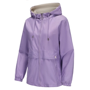 Close-up of light purple hooded windbreaker featuring ring zipper and flap pockets