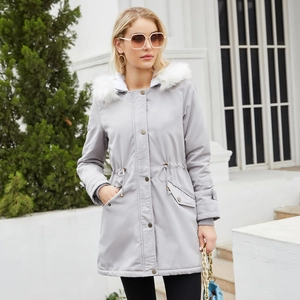 Women's light grey hooded parka with white faux fur collar and adjustable drawstring waist