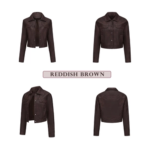 Detail view of reddish brown faux leather jacket with multi-pockets and classic collar