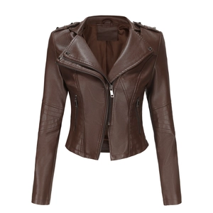 Detail of dark brown leather jacket featuring metal rivets and quilted sleeve patterns