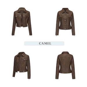 Detail view showing four angles of a camel brown motorcycle jacket with zipper accents