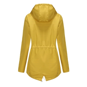 Back view of yellow hooded raincoat with drawstring waist and fishtail hem detail