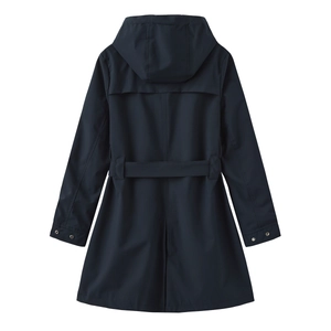 Back view of a navy hooded water-repellent trench coat with adjustable waist belt details