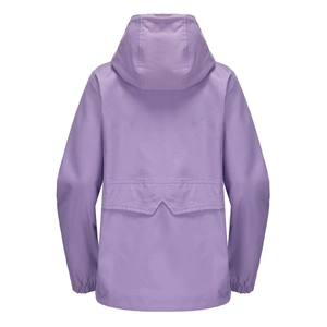 Back view of light purple hooded windbreaker featuring a functional rear pocket detail