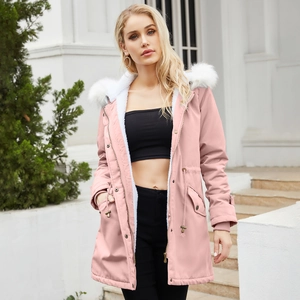 Women's pink long parka jacket with thick fleece lining and white faux fur trim hood