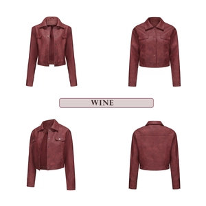 Detail view of wine red faux leather cropped jacket with pockets from multiple angles
