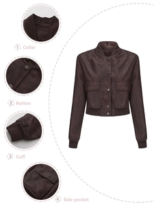 Detail view of brown PU leather jacket showing ribbed collar, buttons, cuffs and side pockets