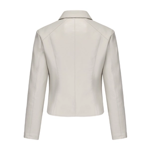 Back view of slim fit cream faux leather jacket showing structural seams and collar detail