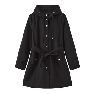 Detail of a black hooded windbreaker featuring a waist belt and silver metal buttons
