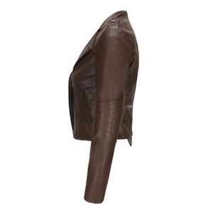Detail view showing shoulder rivets and zippers on a slim brown leather biker jacket