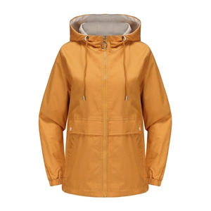 Detail of hooded windbreaker with drawstring, metal zipper, and large flap pockets