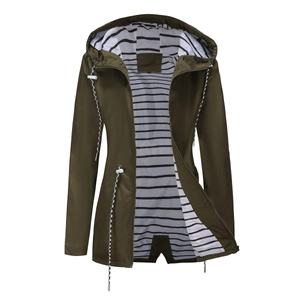 Detail view of olive green raincoat featuring classic black and white striped lining