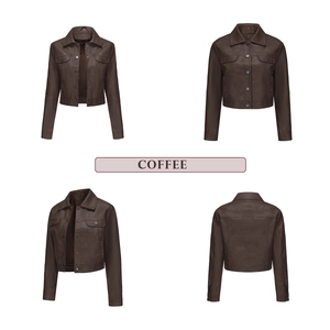 Detailed views of a coffee brown faux leather cropped biker jacket with flap pockets