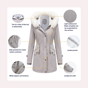 Women's light grey hooded parka coat with a detachable fur collar and drawstring waist