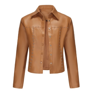 Detailed view of camel PU leather jacket with silver studs on sleeves and lapels