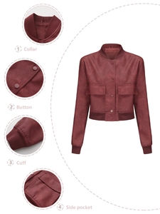 Detailed close-up of collar, buttons, cuffs, and pockets on burgundy faux leather jacket