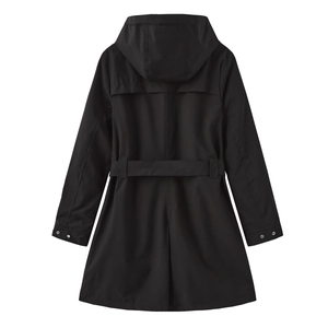 Detail of water-repellent hooded windbreaker back view with storm flap and waist belt