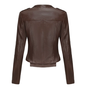 Slim fit dark brown faux leather jacket for women showing back detail and shoulder epaulettes