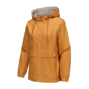 Detail of mustard yellow hooded windbreaker featuring metal ring zipper and flap pockets