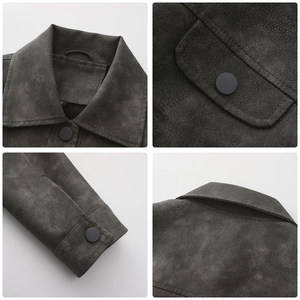 Detailed views of charcoal grey faux suede jacket featuring collar and snap buttons