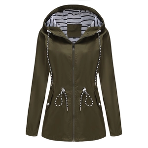 Detail of army green hooded raincoat with striped lining and adjustable drawstring waist