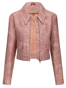 Detail of dusty pink faux suede short jacket with lapel collar and silver zipper