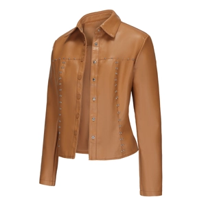 Detail of silver rivets and metallic buttons on brown PU leather jacket for women