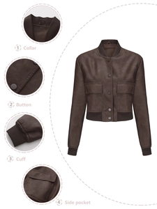 Detail view of brown faux leather bomber jacket showing collar, buttons, cuffs, and side pockets