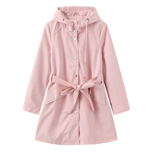 Close-up of pink water-resistant hooded jacket with snap buttons and drawstring hood detail