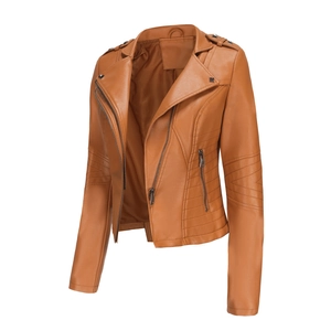 Detail of camel faux leather jacket featuring lapels, zippers, and quilted sleeve patterns