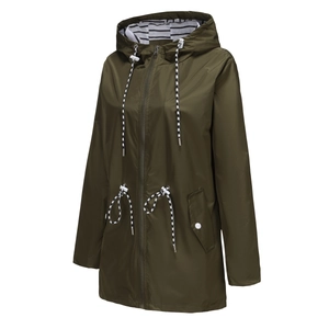 Macro detail of dark olive raincoat showing striped hood lining and adjustable drawstrings